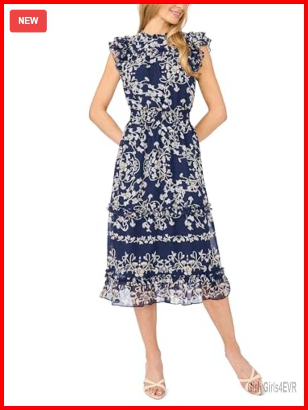 Flutter Sleeve Smocked Waist Floral Midi Dress Fit & Flare